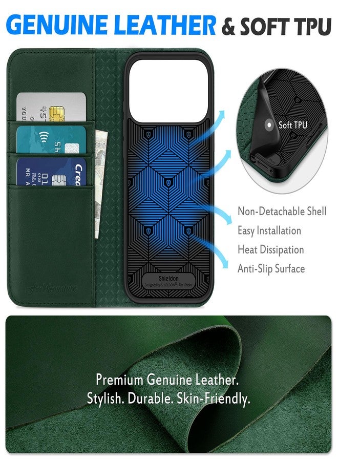 SHIELDON Genuine Leather Case for iPhone 17 Pro Max 6.9-inch 2025, Magnetic Wallet, Folio Cover, RFID Blocking, Card Holder, Viewing Stand, Shockproof TPU Shell, Protective, Strap Holes - Evergreen - Image 3
