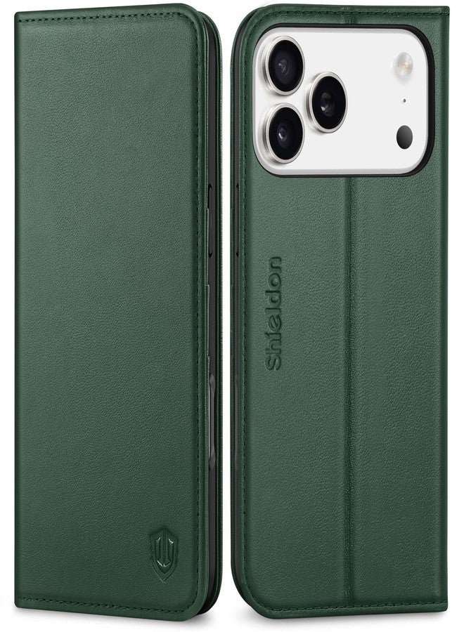 SHIELDON Genuine Leather Case for iPhone 17 Pro Max 6.9-inch 2025, Magnetic Wallet, Folio Cover, RFID Blocking, Card Holder, Viewing Stand, Shockproof TPU Shell, Protective, Strap Holes - Evergreen - Image 1