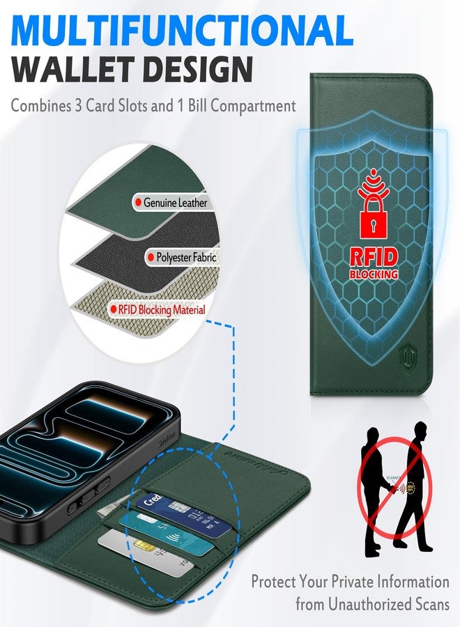 SHIELDON Genuine Leather Case for iPhone 17 Pro Max 6.9-inch 2025, Magnetic Wallet, Folio Cover, RFID Blocking, Card Holder, Viewing Stand, Shockproof TPU Shell, Protective, Strap Holes - Evergreen - Image 4