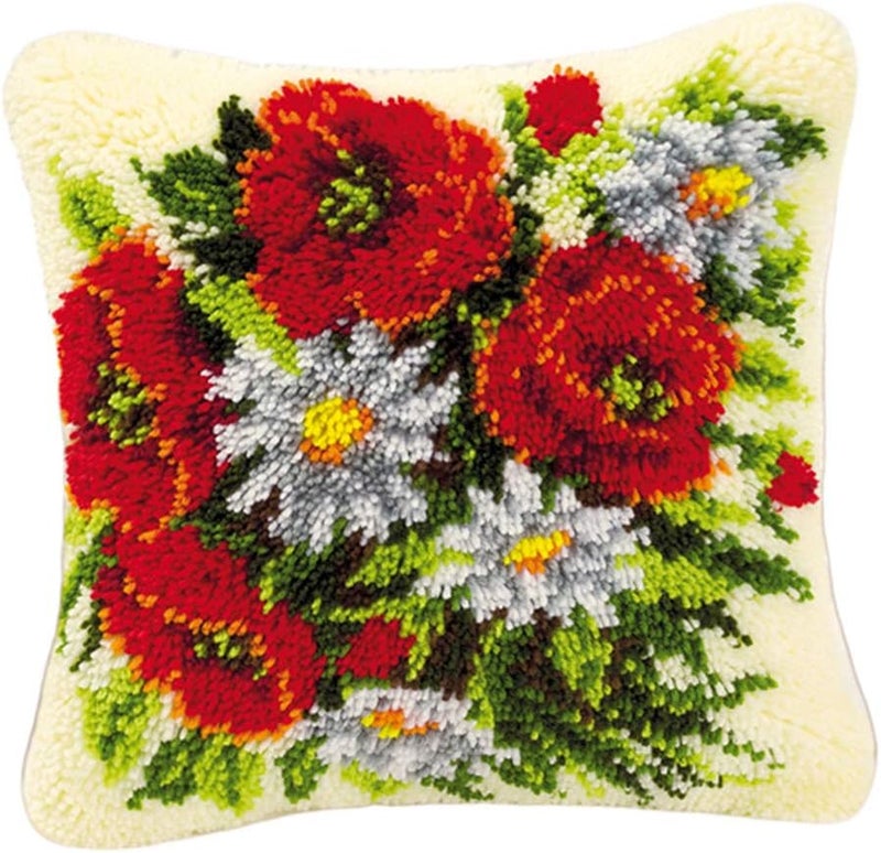 klarako Handmade Latch Hook Kits Cushion Cover Rug Making Kits DIY for Kids/Adults with Printed Canvas Pattern 17" X 17" Flower  Flower 1 - Image 1
