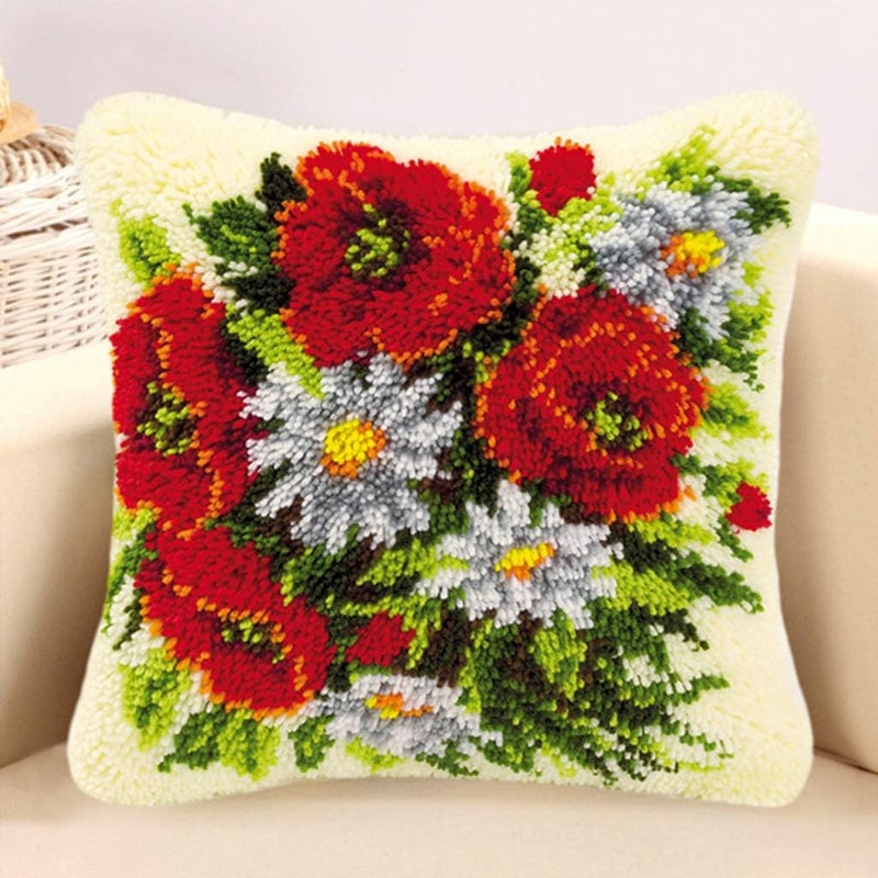 klarako Handmade Latch Hook Kits Cushion Cover Rug Making Kits DIY for Kids/Adults with Printed Canvas Pattern 17" X 17" Flower  Flower 1 - Image 5