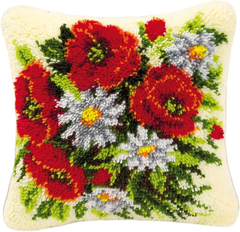 klarako Handmade Latch Hook Kits Cushion Cover Rug Making Kits DIY for Kids/Adults with Printed Canvas Pattern 17" X 17" Flower  Flower 1 - Image 2