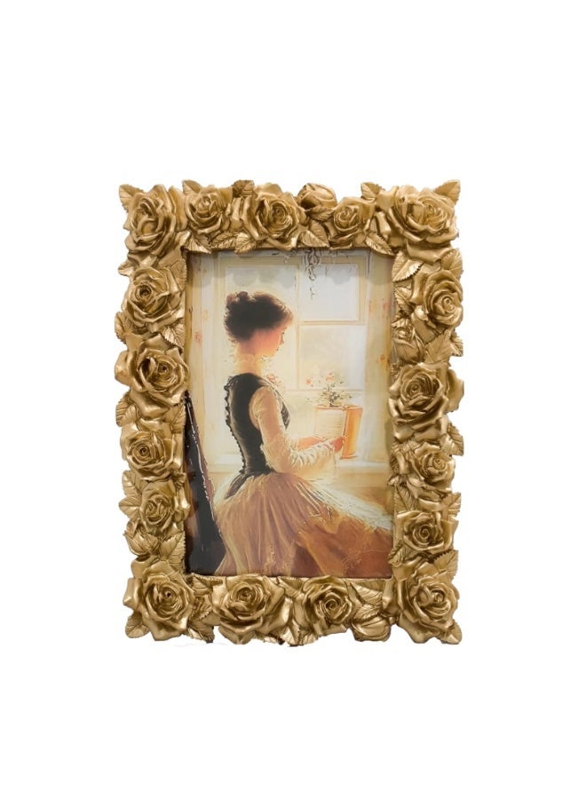 Bukela Vintage Gold Picture Frame Rose Flower Leaf Glass Front Resin Photo Frame for Tabletop Wall Hanging Display (Golden) - Image 2