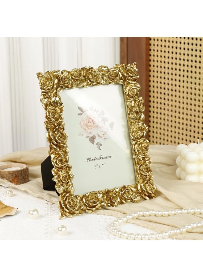 Bukela Vintage Gold Picture Frame Rose Flower Leaf Glass Front Resin Photo Frame for Tabletop Wall Hanging Display (Golden) - Image 1