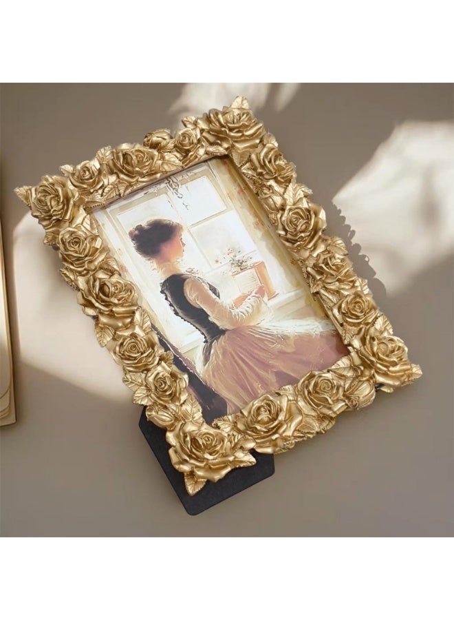 Bukela Vintage Gold Picture Frame Rose Flower Leaf Glass Front Resin Photo Frame for Tabletop Wall Hanging Display (Golden) - Image 3