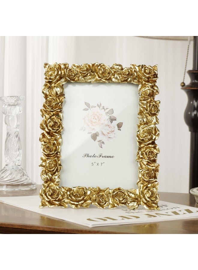 Bukela Vintage Gold Picture Frame Rose Flower Leaf Glass Front Resin Photo Frame for Tabletop Wall Hanging Display (Golden) - Image 5