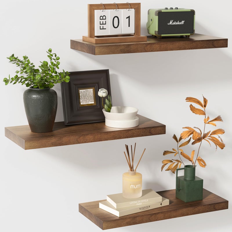 fuqing Rustic Floating Shelves, Wooden Floating Shelves for Wall Set of 3, Wall Mounted Dark Wood Shelves for Living Room Bedroom Bathroom Kitchen - Dark Walnut - Image 1