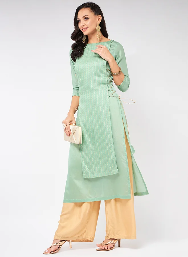 Take Two Green Self Design Festive Kurta and Side Dori Details By Pannkh