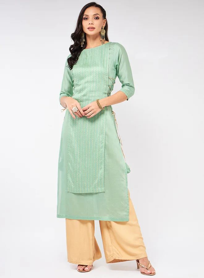 Take Two Green Self Design Festive Kurta and Side Dori Details By Pannkh