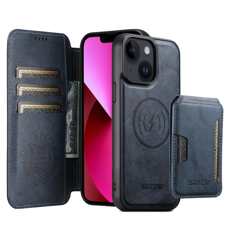 Suteni For Iphone 13 Q05S3 3-In-1 Detachable Vertical Flip Wallet Magsafe Leather Phone Case(Blue) - Image 1
