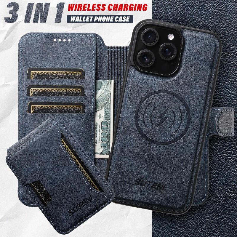 Suteni For Iphone 13 Q05S3 3-In-1 Detachable Vertical Flip Wallet Magsafe Leather Phone Case(Blue) - Image 4