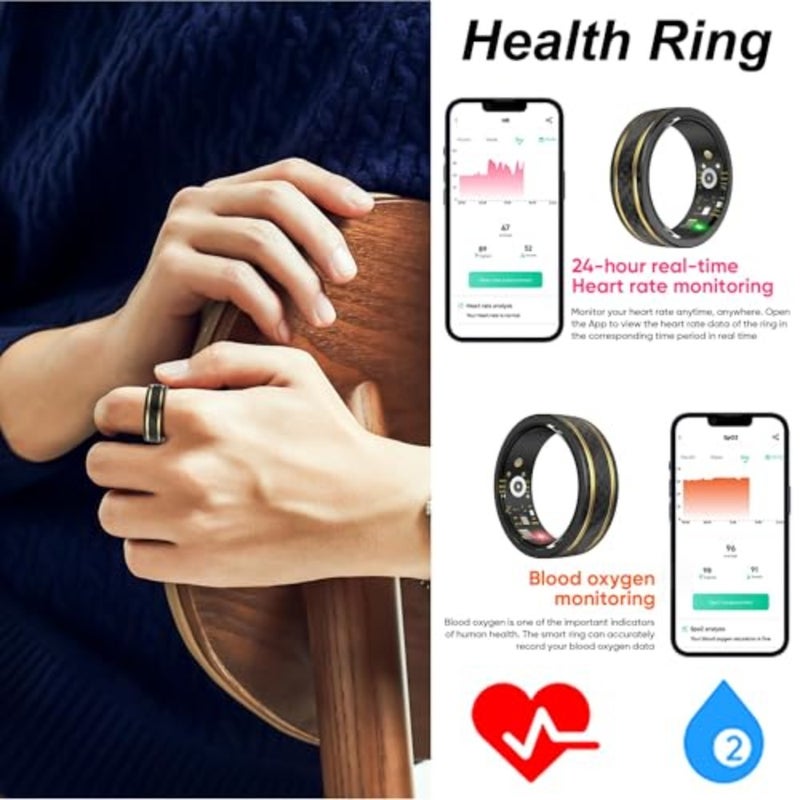Ultra-thin smart ring for fitness and health tracking, carbon fiber in black gold, 7-day battery life with heart rate, sleep, blood oxygen monitoring, waterproof, compatible with iOS and Android - Image 3