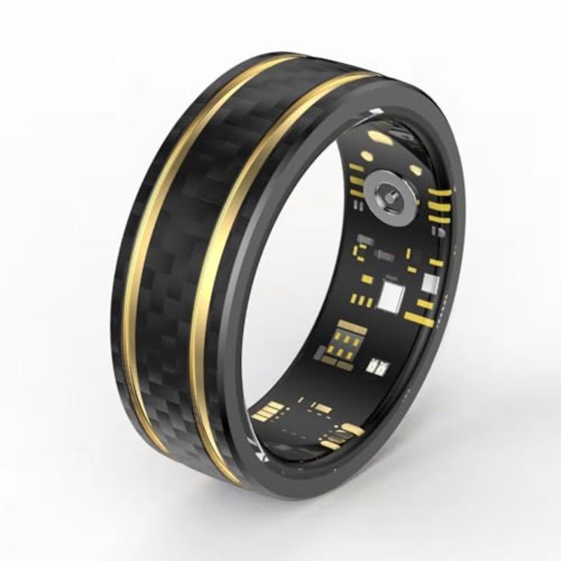 Ultra-thin smart ring for fitness and health tracking, carbon fiber in black gold, 7-day battery life with heart rate, sleep, blood oxygen monitoring, waterproof, compatible with iOS and Android - Image 1