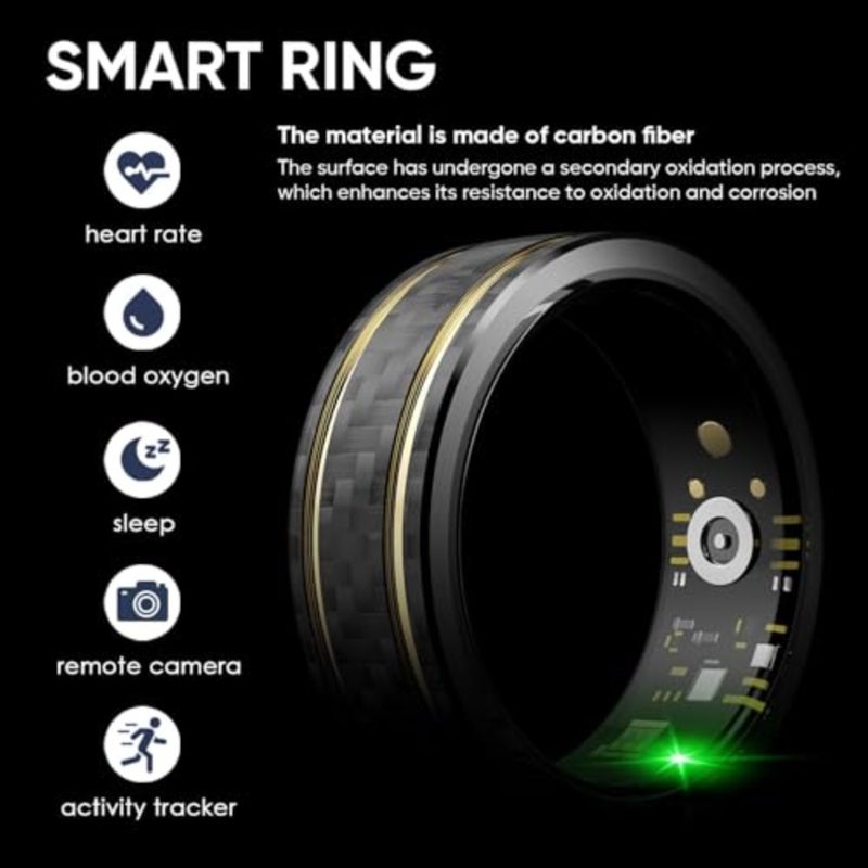 Ultra-thin smart ring for fitness and health tracking, carbon fiber in black gold, 7-day battery life with heart rate, sleep, blood oxygen monitoring, waterproof, compatible with iOS and Android - Image 5