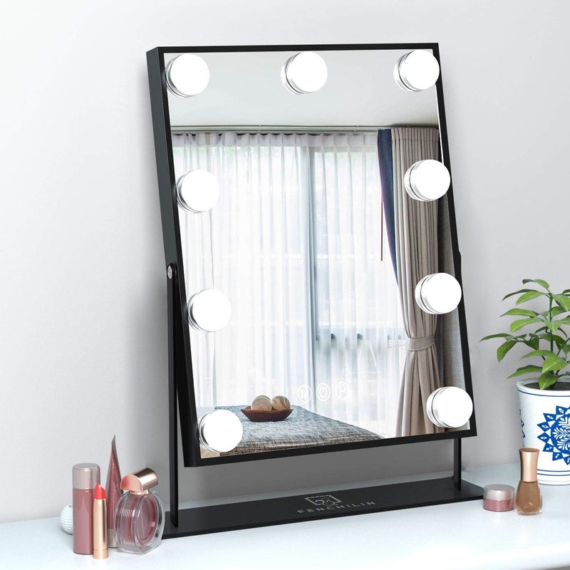 FENCHILIN Hollywood Mirror with Light 12.0W'' * 14.5L'' Lighted Makeup Mirror Vanity Makeup Mirror Smart Touch Control 3 Colors Dimable Light Detachable 10X Magnification 360°Rotation(Black) - Image 1
