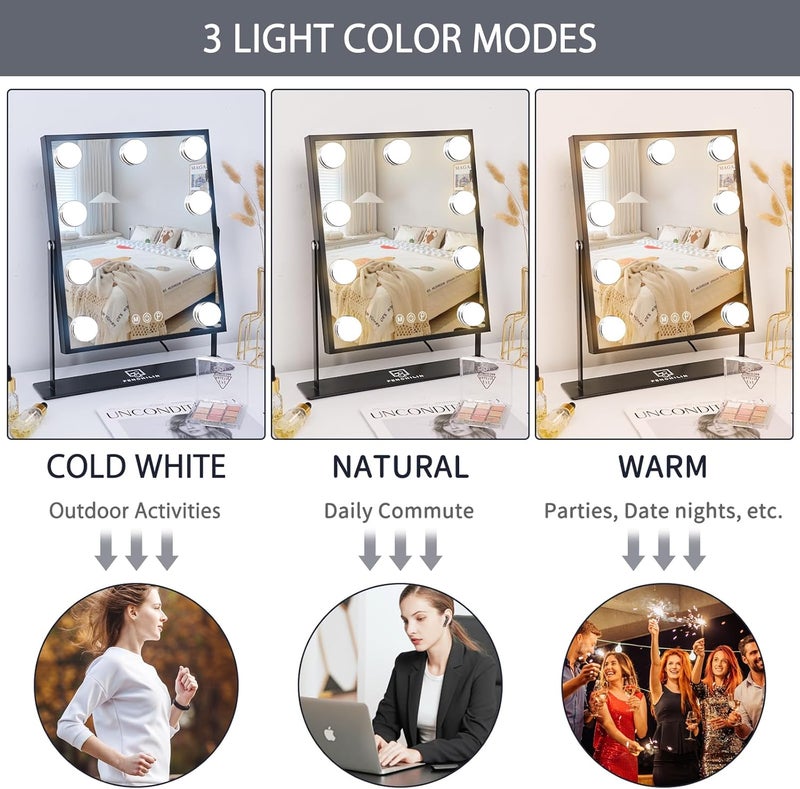 FENCHILIN Hollywood Mirror with Light 12.0W'' * 14.5L'' Lighted Makeup Mirror Vanity Makeup Mirror Smart Touch Control 3 Colors Dimable Light Detachable 10X Magnification 360°Rotation(Black) - Image 3