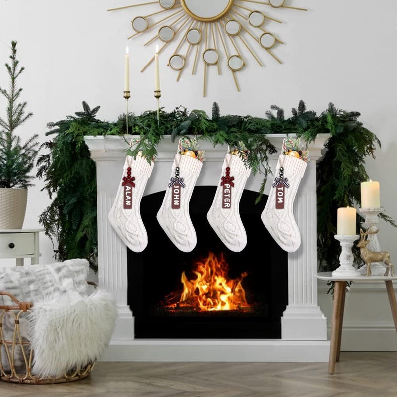 XIMISHOP 4PCS White Christmas Stockings, 18inch Large Personalized Cable Knitted Xmas Hanging Stocking Decorations with Name Tags for Holiday Christmas Party Family Decor - Image 5