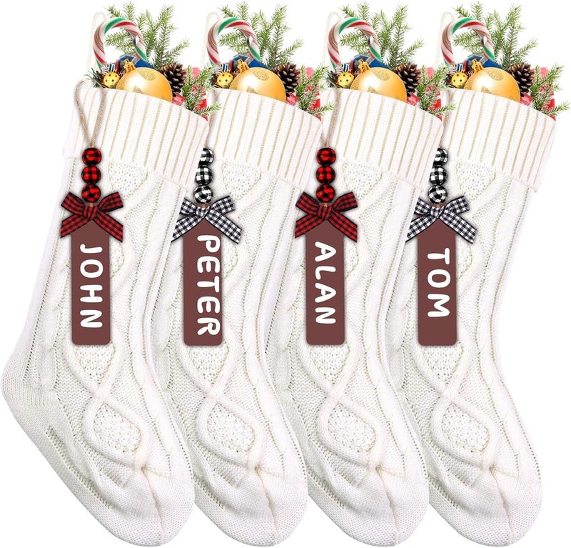 XIMISHOP 4PCS White Christmas Stockings, 18inch Large Personalized Cable Knitted Xmas Hanging Stocking Decorations with Name Tags for Holiday Christmas Party Family Decor - Image 1