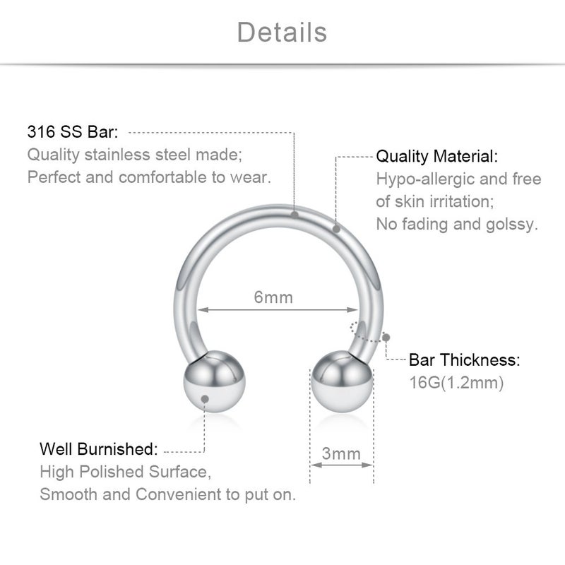 SCERRING 12PCS 316L Stainless Steel 16G Circular Barbells Eyebrow Lip Ear Tragus Horseshoe Hoop Rings With Balls 6mm - Image 2