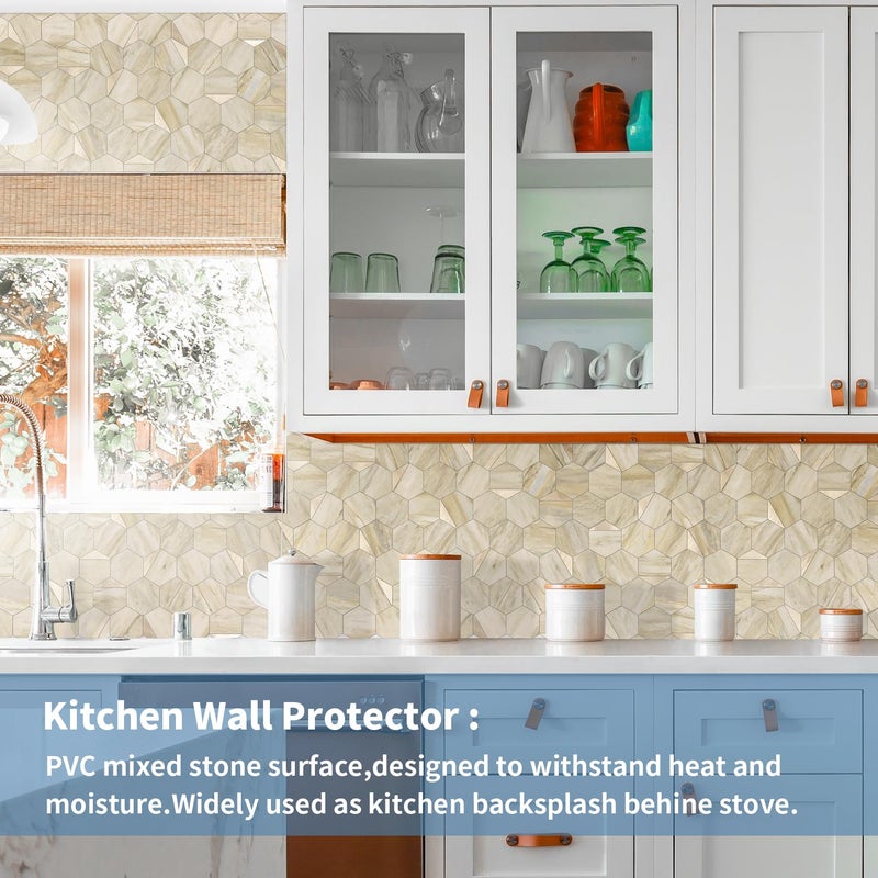 OYASIMI 10-Sheet Heavy-Duty Hexagon Peel and Stick Backsplash, Thick Waterproof &Heat Resistant Stick on Wall Tiles, Slate Beige Mosaic for Kitchen & Bathroom, Strong Adhesive Permanent PVC Tiles - Image 2