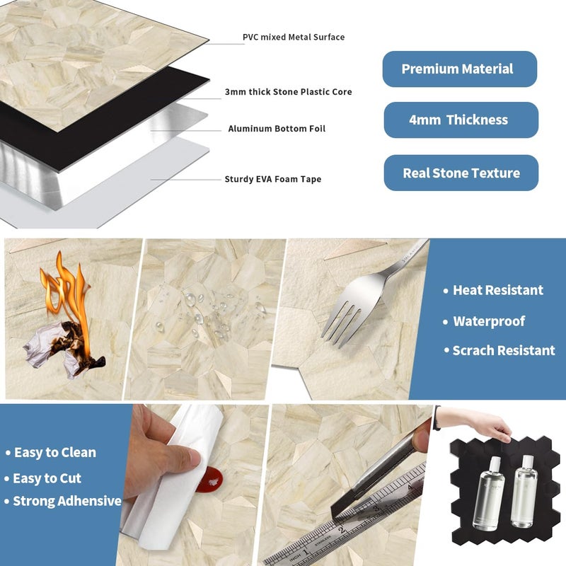 OYASIMI 10-Sheet Heavy-Duty Hexagon Peel and Stick Backsplash, Thick Waterproof &Heat Resistant Stick on Wall Tiles, Slate Beige Mosaic for Kitchen & Bathroom, Strong Adhesive Permanent PVC Tiles - Image 3