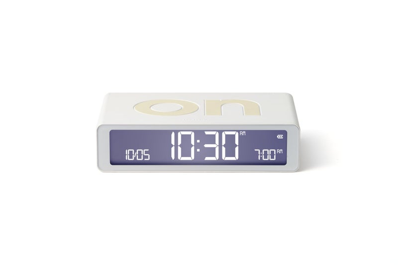 Lexon Flip Classic Digital Alarm Clock with Reversible OnOff Faces Rechargeable bedside clock with LCD display Touch Sensor for Snooze  Light function  Rubber White