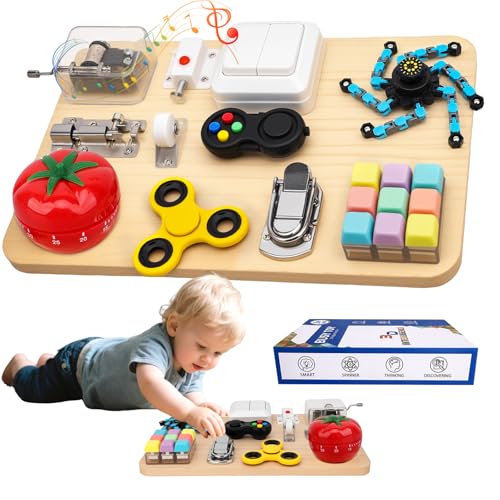 Amarlozn Busy Board Toy for Toddlers 11 in 1 Wooden Montessori Educational Fidget Sensory Toy for Stress Relief Activity Board Desk Gadget for Kids Preschool Learning Car Airplane Travel Birthday Gift 11 - Image 1
