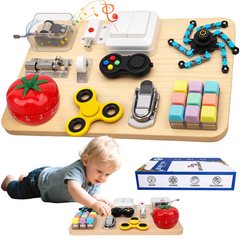 Amarlozn Busy Board Toy for Toddlers 11 in 1 Wooden Montessori Educational Fidget Sensory Toy for Stress Relief Activity Board Desk Gadget for Kids Preschool Learning Car Airplane Travel Birthday Gift 11 - Image 3