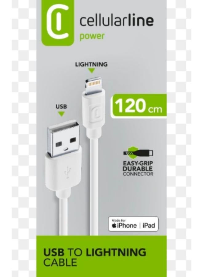 سيلولار لاين كابل طاقة Cellularline بطول 120 سم من USB A إلى Lightning باللون الأبيض - Image 2