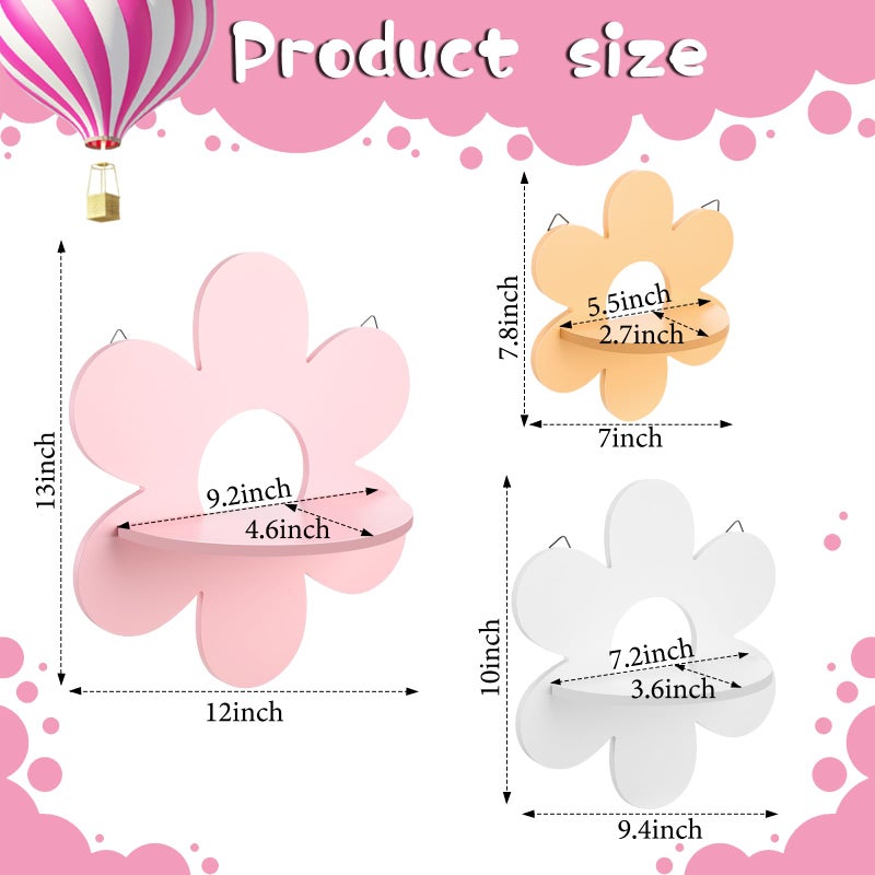 Soaoo 3 Pcs Daisy Flower Floating Shelves, Wooden Boho Daisy Plant Shelf, Wall Mounted Display Stand, Hanging Display Flower Decor for Living Room Bathroom Bedroom(Pink,White,Yellow) - Image 3