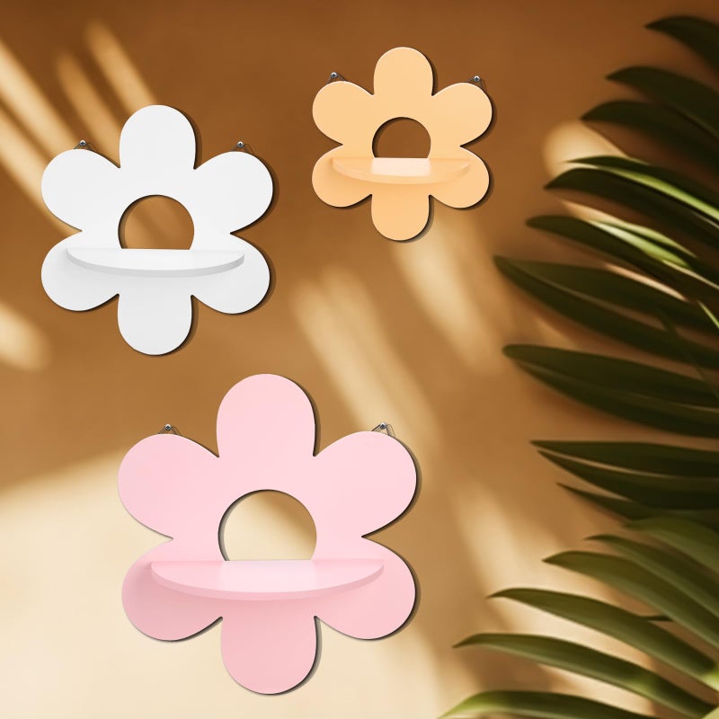 Soaoo 3 Pcs Daisy Flower Floating Shelves, Wooden Boho Daisy Plant Shelf, Wall Mounted Display Stand, Hanging Display Flower Decor for Living Room Bathroom Bedroom(Pink,White,Yellow) - Image 4