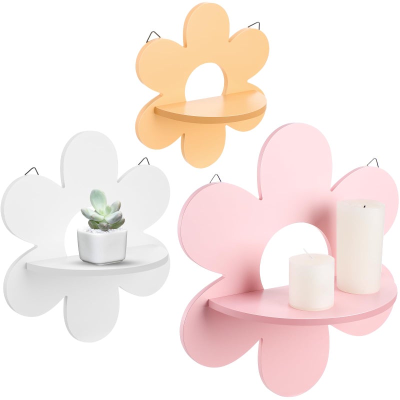Soaoo 3 Pcs Daisy Flower Floating Shelves, Wooden Boho Daisy Plant Shelf, Wall Mounted Display Stand, Hanging Display Flower Decor for Living Room Bathroom Bedroom(Pink,White,Yellow) - Image 1