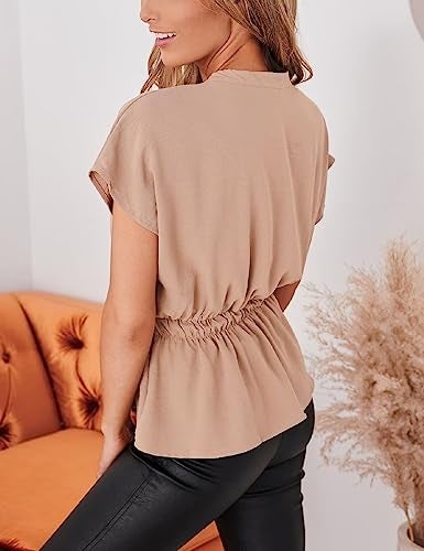 CiCiBird Womens Button Down Blouses Casual Peplum Summer Tops Dressy Chiffon Work Blouse Apricot - Image 2