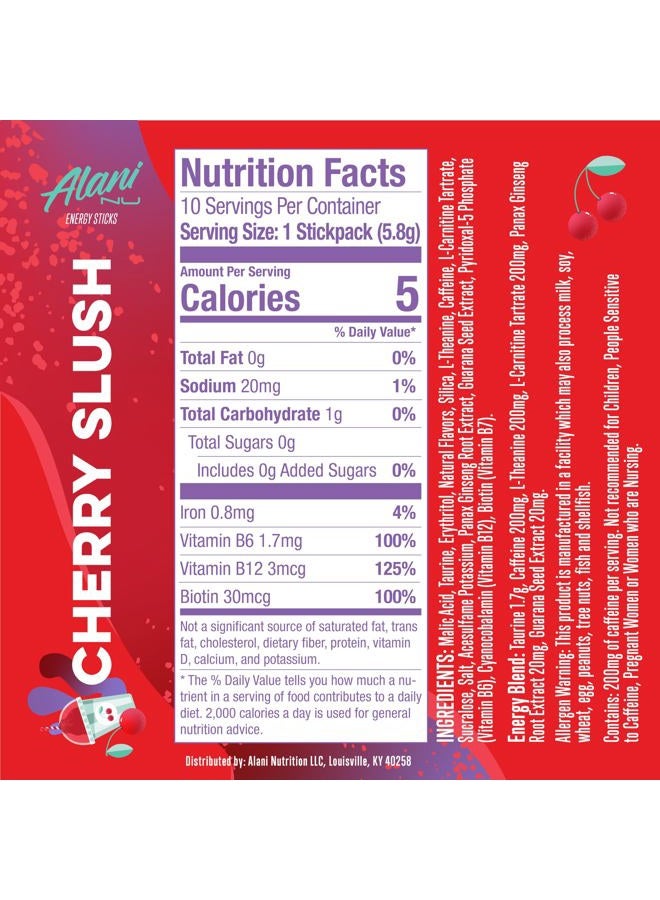 Alani Nu Cherry Slush Energy Sticks | Energy Drink Powder | 200mg Caffeine | Pre Workout Performance with Antioxidants | On-The-Go Drink Mix | Biotin, B Vitamins | Zero Sugar | 5 Calories | 10 Pack  - Image 2