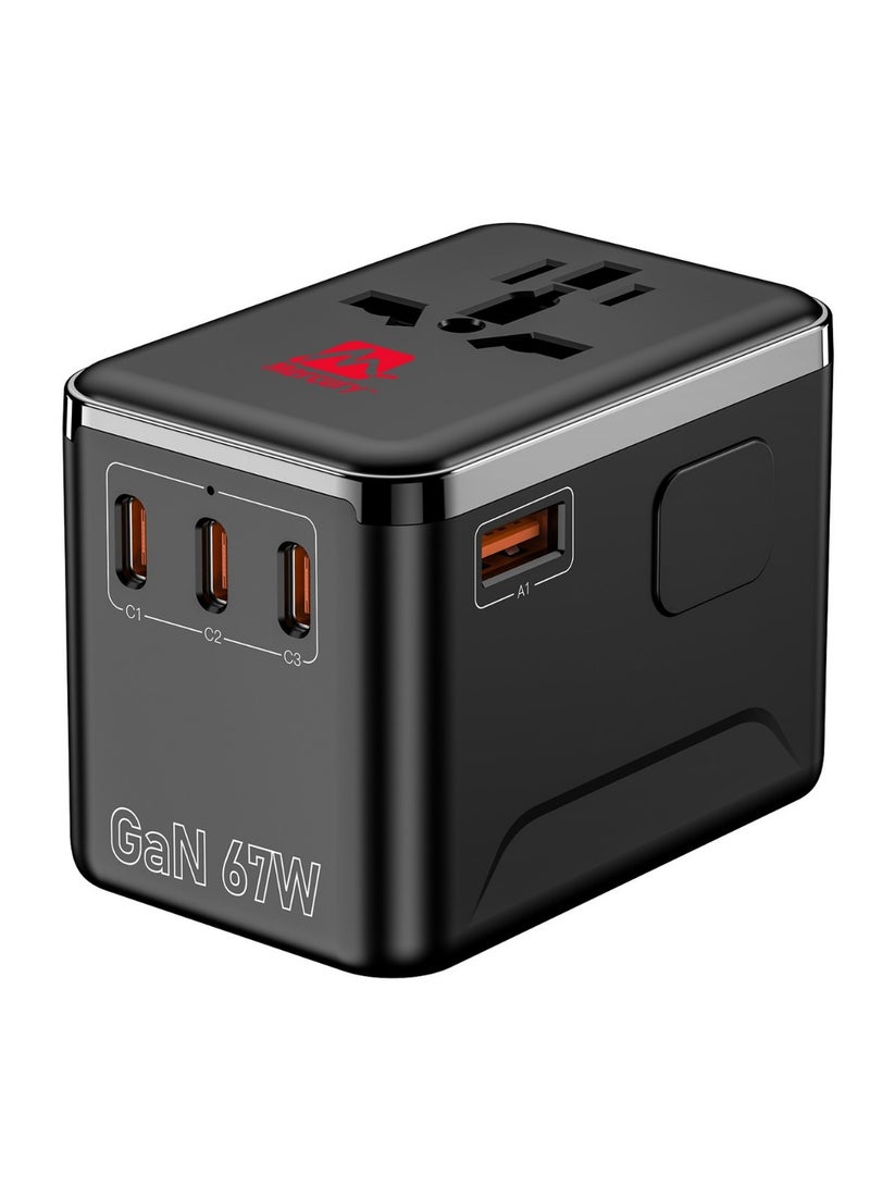 Mercury GAN Fast Charger with USB-C & 4 ports. Charges Laptop, Phone, Tablet, Electric Razor. Universal travel adapter for EU, UK, US & AU – power up multiple devices safely. (MER-GC-67W) - Image 1