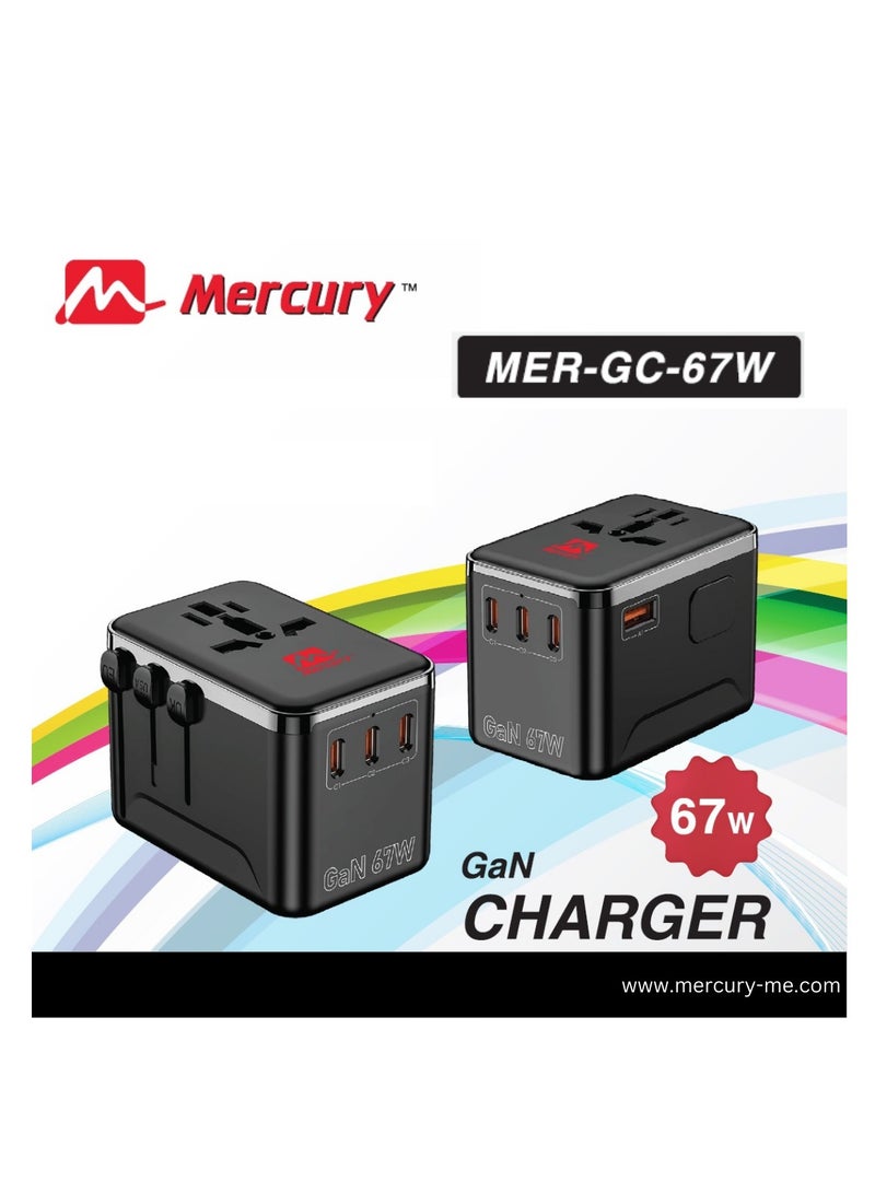 Mercury GAN Fast Charger with USB-C & 4 ports. Charges Laptop, Phone, Tablet, Electric Razor. Universal travel adapter for EU, UK, US & AU – power up multiple devices safely. (MER-GC-67W) - Image 3