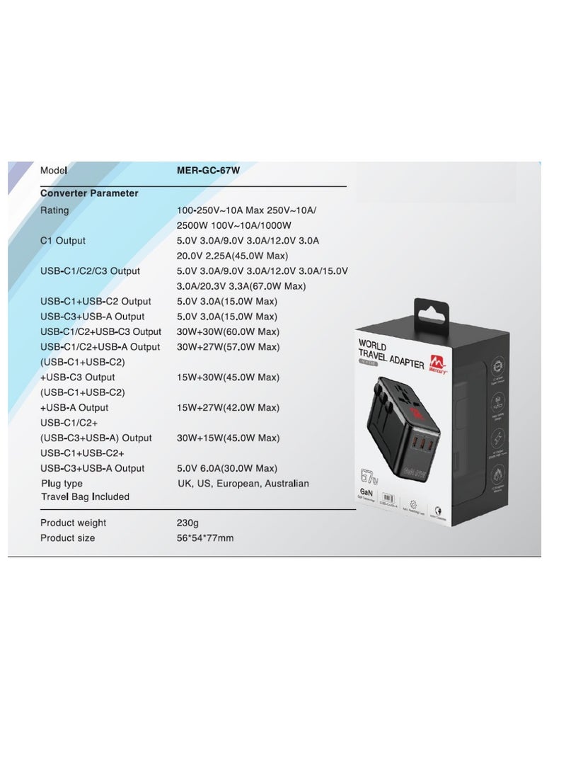 Mercury GAN Fast Charger with USB-C & 4 ports. Charges Laptop, Phone, Tablet, Electric Razor. Universal travel adapter for EU, UK, US & AU – power up multiple devices safely. (MER-GC-67W) - Image 4