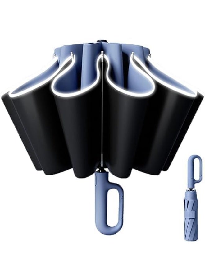 Ring Buckle Umbrella, Reflective Safety Strip, Sturdy Windproof, Portable Reverse Folding Umbrella, Ring Buckle Fully Automatic Umbrella, Travel Portable, Compact Folding Travel Umbrella, Blue - Image 1