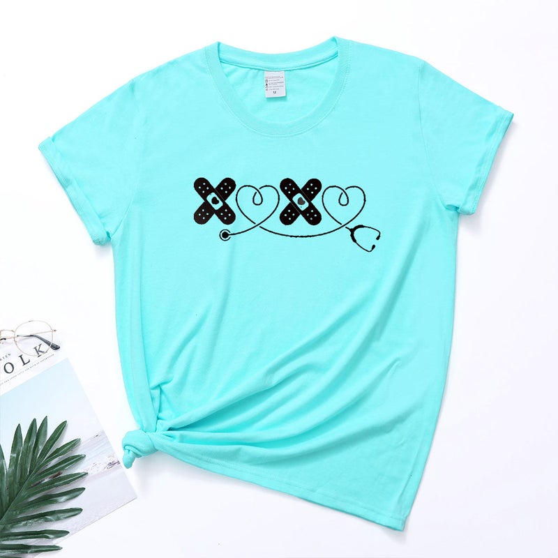 wish cross-border new spot Leisure International Nurse's day XOXO stethoscope fun printing round neck T women's short sleeve - Image 1