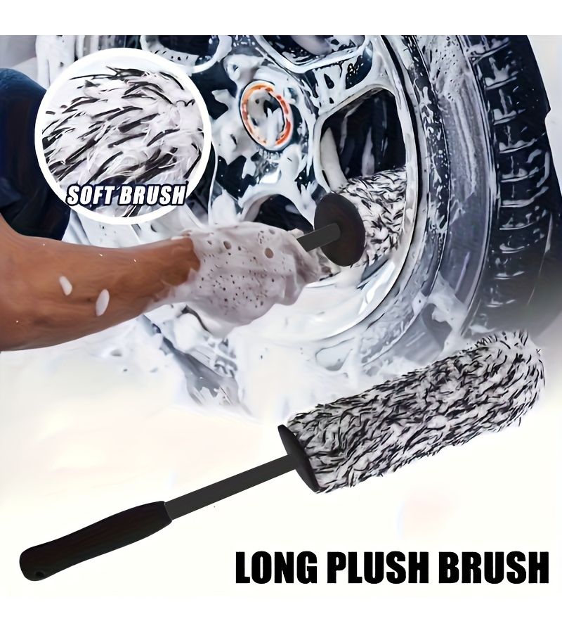 Black Microfiber Wheel Brush Gentle Tire Cleaning Dusting Tool Car Maintenance - Image 1