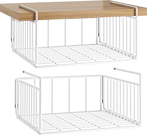 SUFAUY 2-Pack Under Shelf Basket Storage, Under Cabinet Paper Plate Dispenser Hanging Organizer Holds up to 22lbs, Add Shelves for Pantry Closet, 11.6“d x 12.6" w, White - Image 1