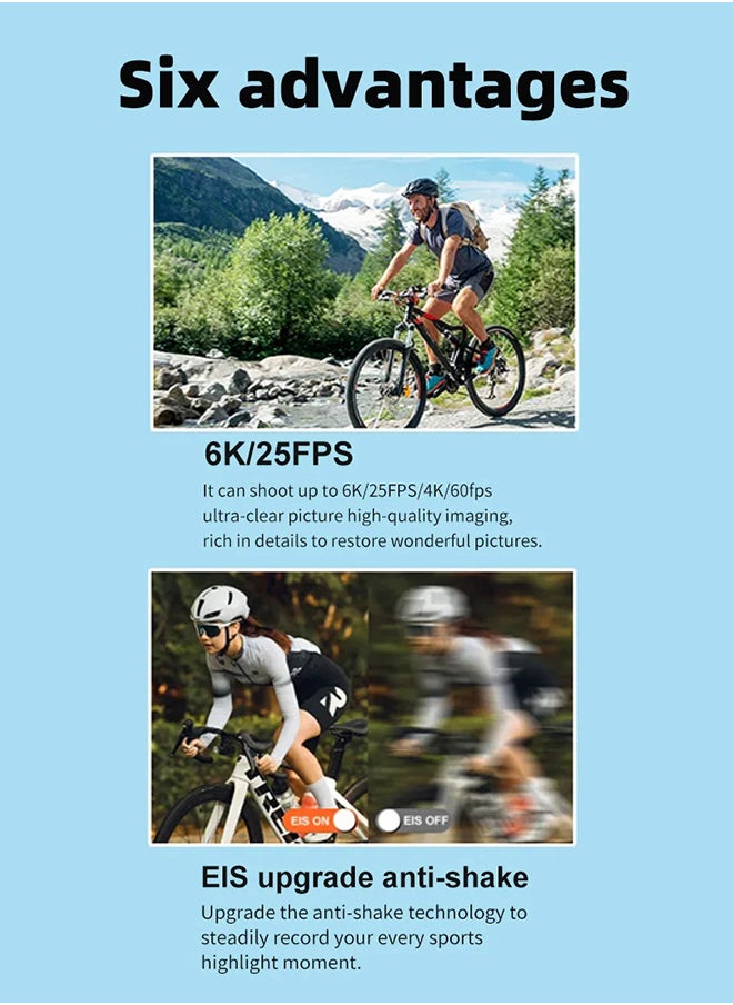 Generic - New 6K Action camera, 170° ultra-wide angle, 30 meters waterproof 2.0+1.4 inch dual-color screen, with 32GB memory card, with remote control and accessories, WiFi interconnection EIS anti-shake and - Image 1