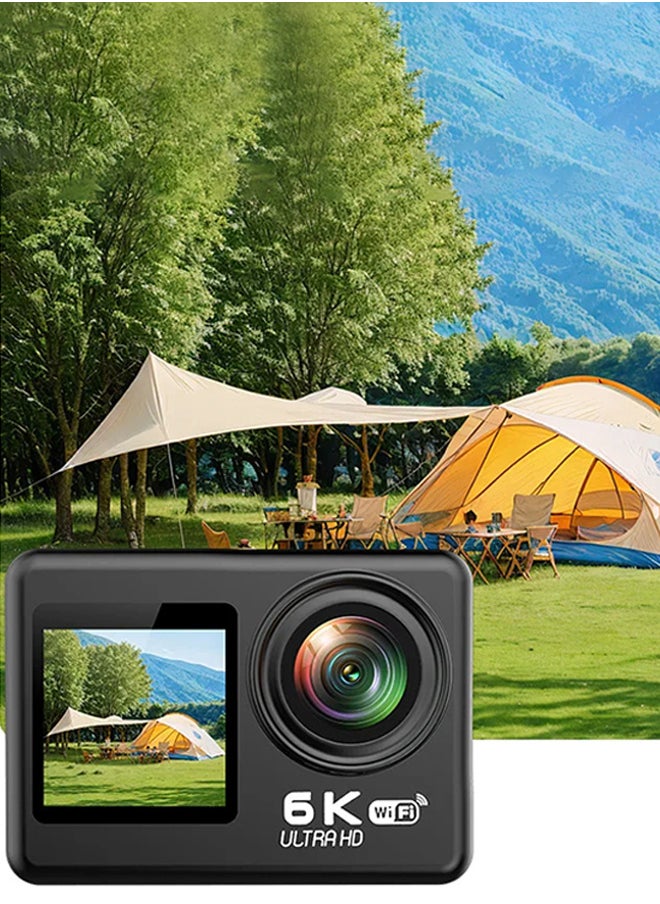 Generic - New 6K Action camera, 170° ultra-wide angle, 30 meters waterproof 2.0+1.4 inch dual-color screen, with 32GB memory card, with remote control and accessories, WiFi interconnection EIS anti-shake and - Image 1