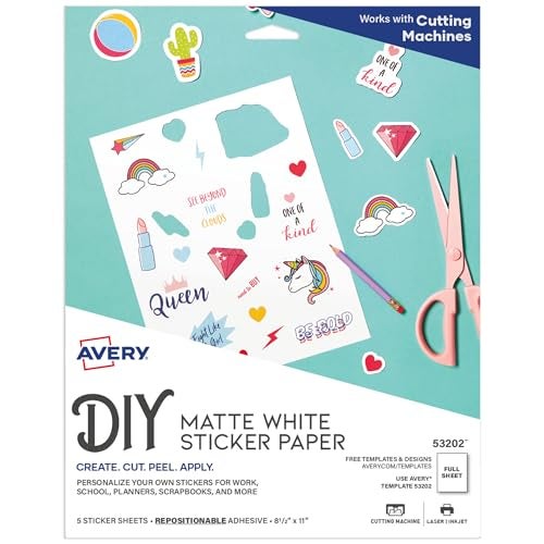 Avery Printable Sticker Paper, 8.5" x 11", Matte White, Repositionable Adhesive, Laser/Inkjet Compatible, 5 Full-Size Label Sheets, Great for Product Branding, Cute Stickers, Crafts, and More (53202) - Image 1