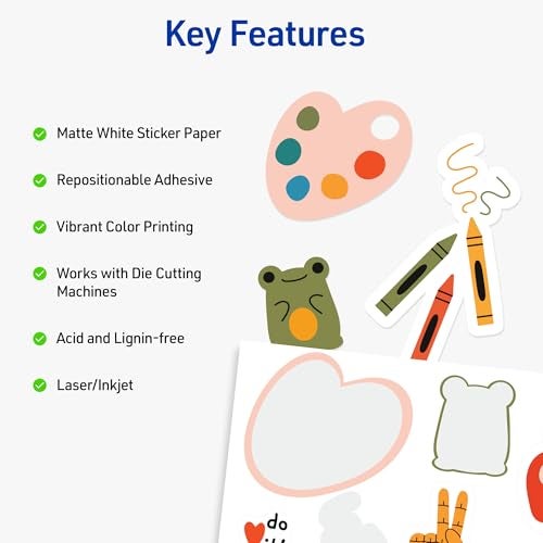 Avery Printable Sticker Paper, 8.5" x 11", Matte White, Repositionable Adhesive, Laser/Inkjet Compatible, 5 Full-Size Label Sheets, Great for Product Branding, Cute Stickers, Crafts, and More (53202) - Image 2