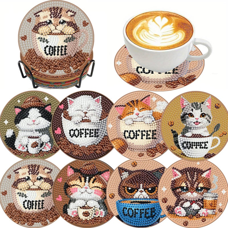 Clendo 8 PCS Diamond Art Coasters - Cat Coffee Diamond Painting Coasters Kits with Holder Cork Pads DIY for Beginners, Adults, Diamonds Art Crafts Supplies - Image 1
