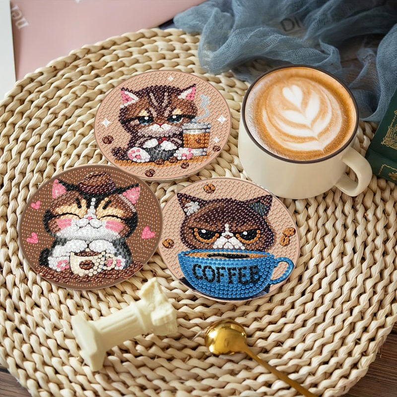 Clendo 8 PCS Diamond Art Coasters - Cat Coffee Diamond Painting Coasters Kits with Holder Cork Pads DIY for Beginners, Adults, Diamonds Art Crafts Supplies - Image 4