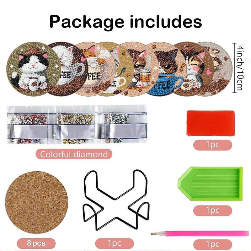 Clendo 8 PCS Diamond Art Coasters - Cat Coffee Diamond Painting Coasters Kits with Holder Cork Pads DIY for Beginners, Adults, Diamonds Art Crafts Supplies - Image 3