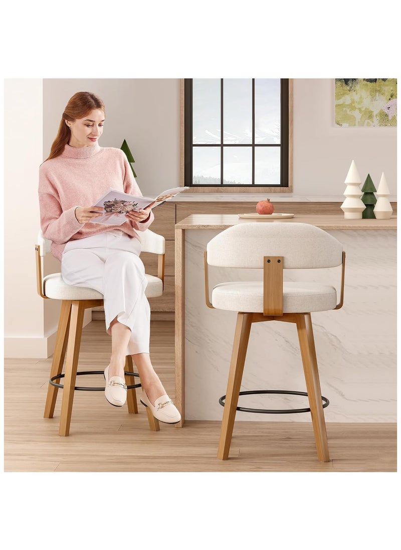 Swivel Bar Stools Set of 2, 26" Counter Height Bar Chairs with Curved Back and Armrest Modern Linen Upholstered Wood Barstools for Kitchen Island Home Bar