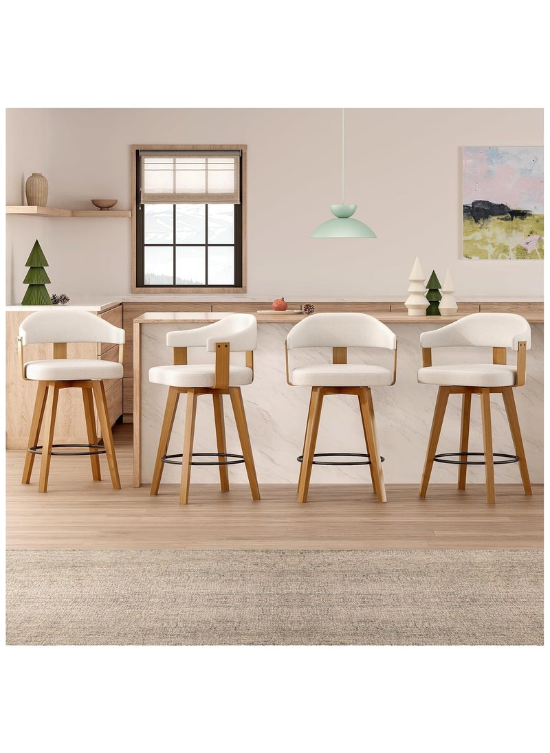 Swivel Bar Stools Set of 2, 26" Counter Height Bar Chairs with Curved Back and Armrest Modern Linen Upholstered Wood Barstools for Kitchen Island Home Bar